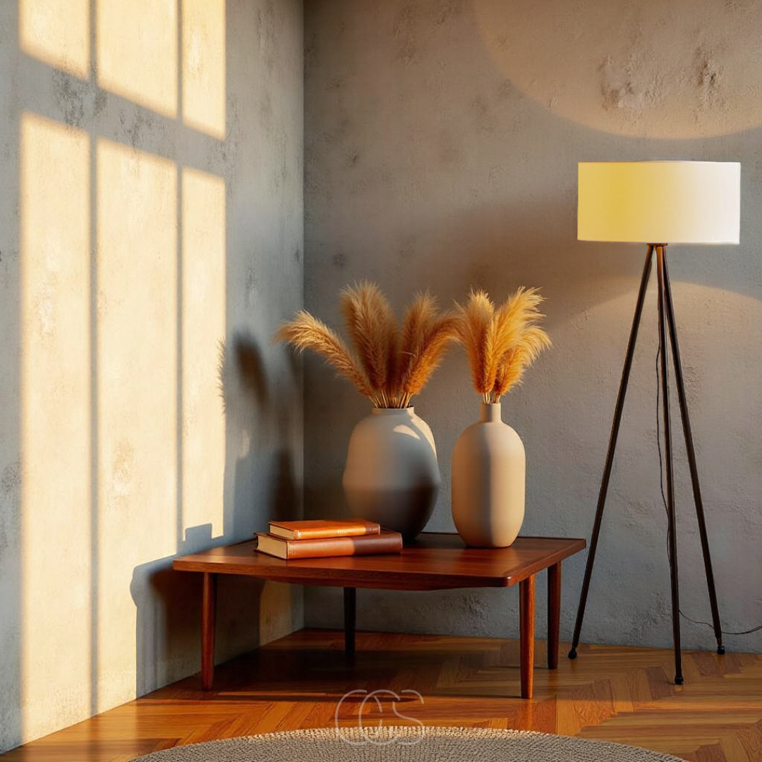 OCS - 3-Potige Houten Vloerlamp met Linnen Kap