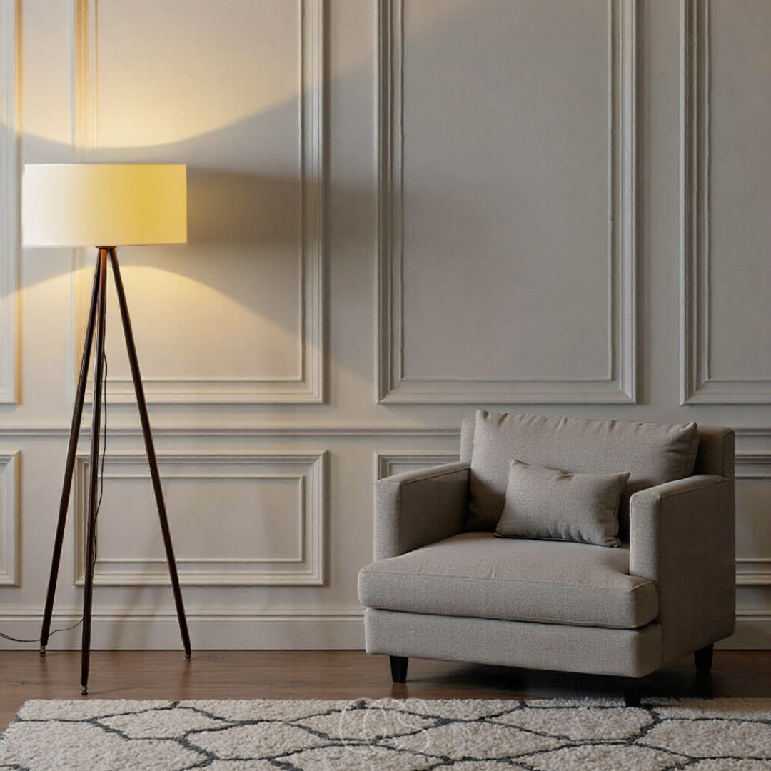 OCS - 3-Potige Houten Vloerlamp met Linnen Kap