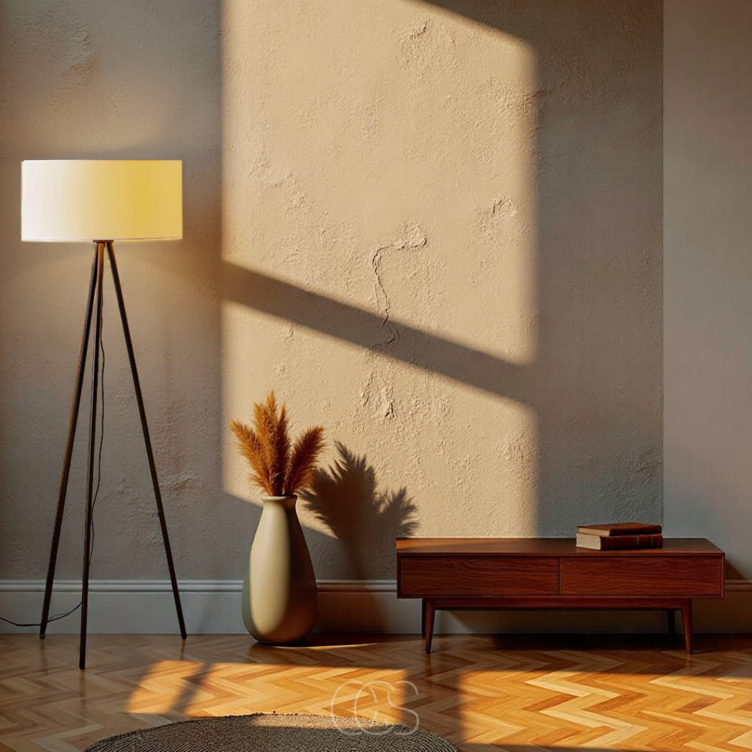 OCS - 3-Potige Houten Vloerlamp met Linnen Kap