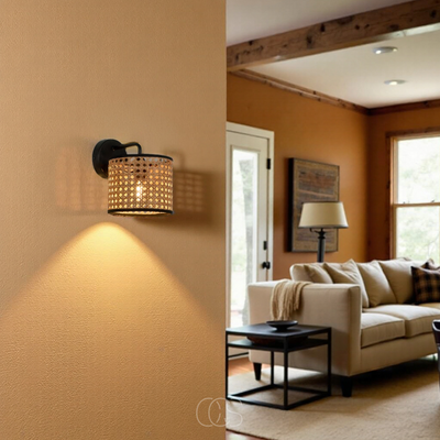 OCS - Cilindervormige wandlamp van natuurlijk rotan