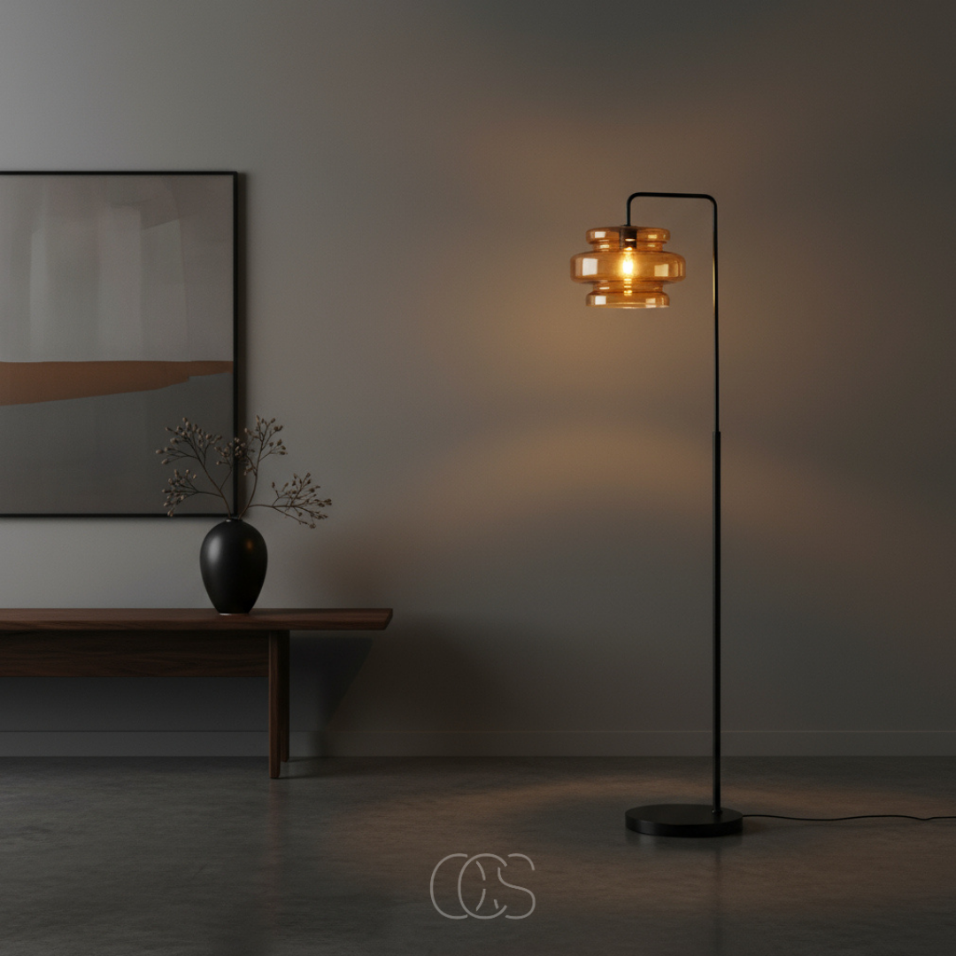 OCS - Retro vloerlamp zwart met oranje glas