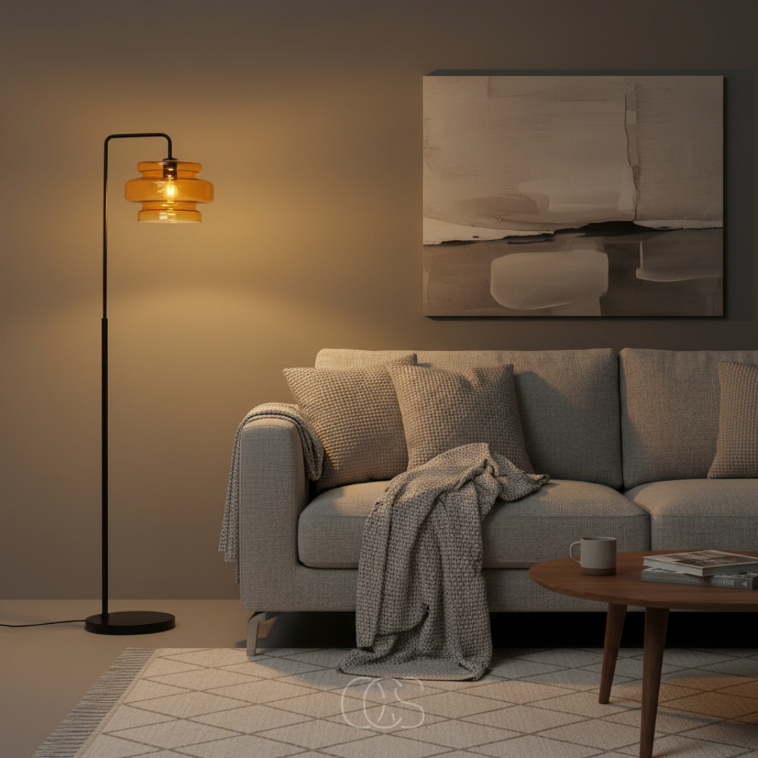 OCS - Retro vloerlamp zwart met oranje glas