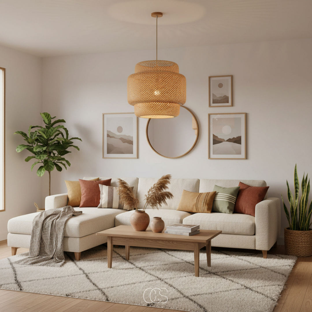 Tuso Rattan Hängelampe | Boho Innenbeleuchtung Bambus | E27 Lampe |  Natürlicher, handgewebter Lampenschirm | Beiges Design