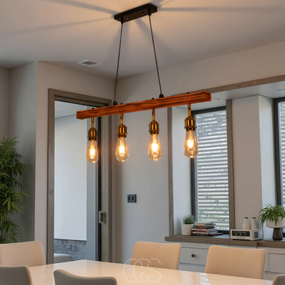 OCS - Plafondlamp 4 lichten – meerlichts plafondlamp hout & metaal
