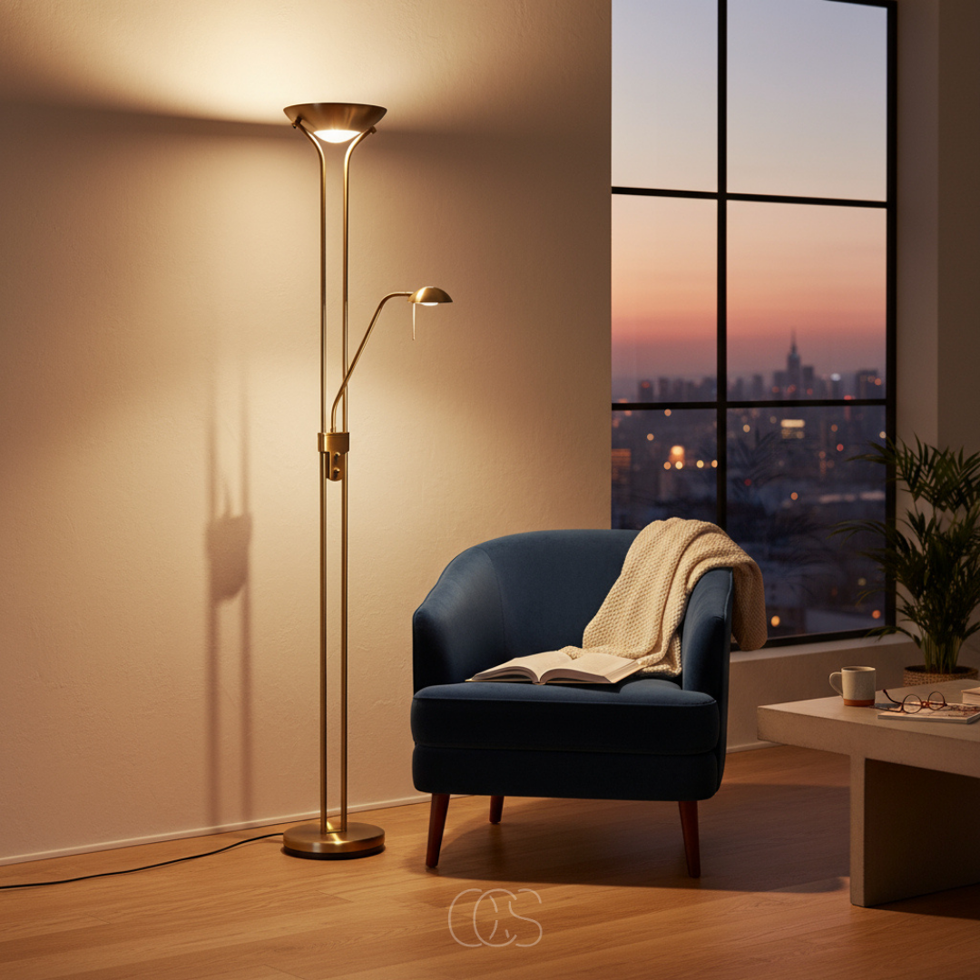 OCS - Bronzen vloerlamp met leeslamp inclusief LED en dimmer