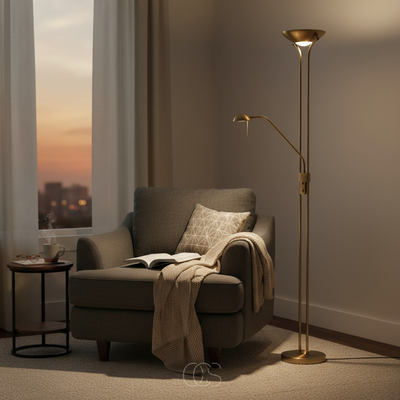 OCS - Bronzen vloerlamp met leeslamp inclusief LED en dimmer