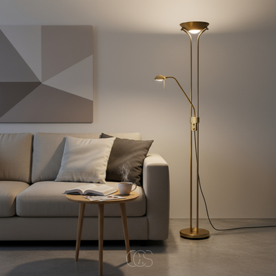 OCS - Bronzen vloerlamp met leeslamp inclusief LED en dimmer