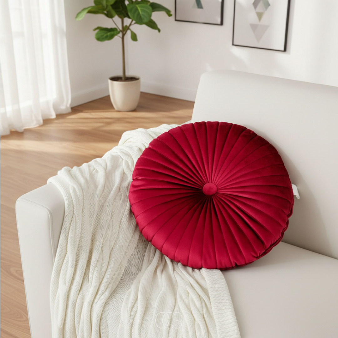 Rundes satinrotes Samtkissen | Dekokissen aus Samt | Polyester | Rund, 40 cm | Luxuriöse Einrichtung